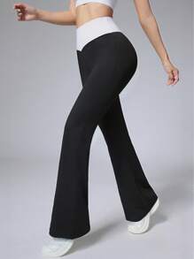 Pantalones de yoga con corte campana y cintura en V, mallas deportivas de talle alto y ajuste slim