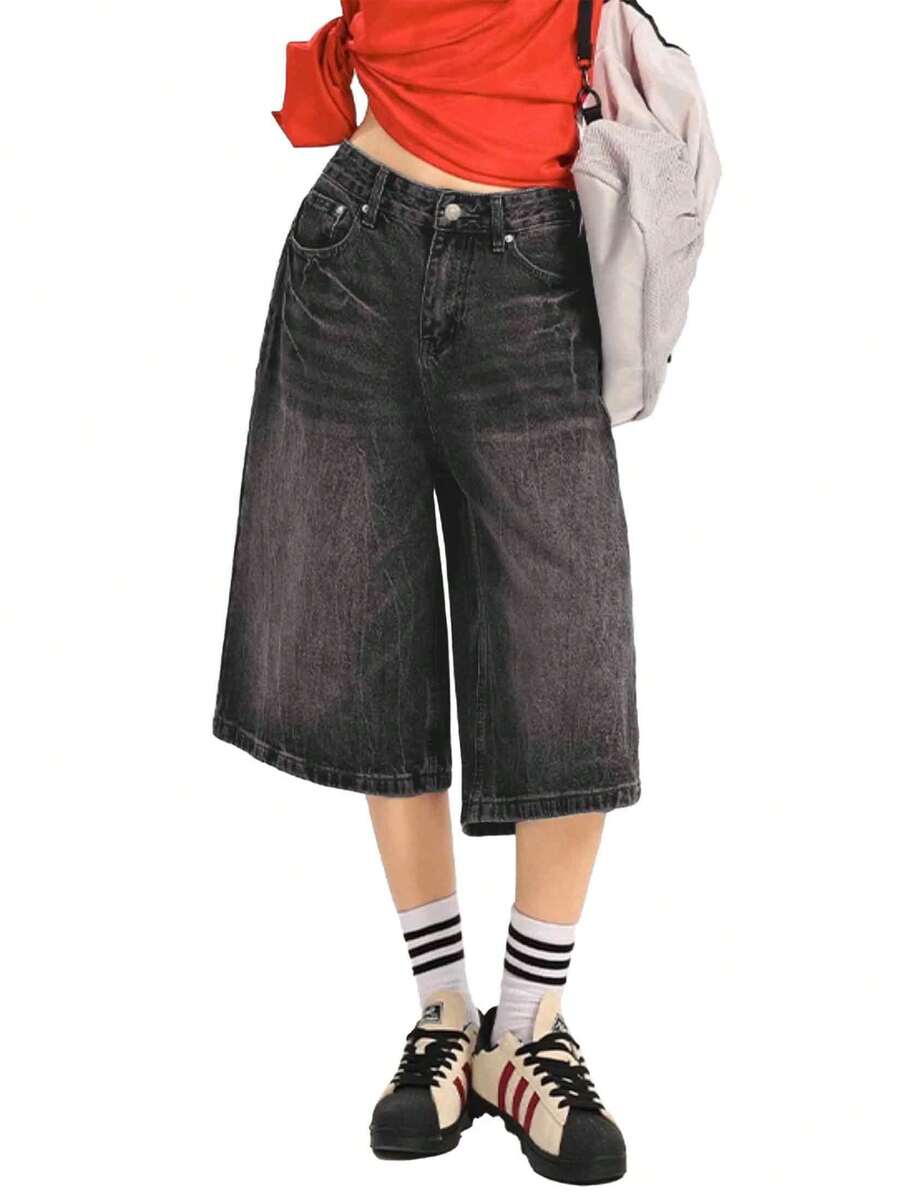 Womens Jorts Jean Baggy Shorts Casual 2026 Summer Wide Leg Long Denim Shorts Y2K Streetwear - 黑色 - 查看 1