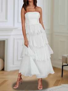 Ruffled Tube Top Long Dress For Women Summer Solid Color Backless Strapless Sleeveless Tiered Cake Dress