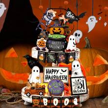 21 件/套万圣节分层托盘装饰套装，可爱的万圣节木制标牌，黑色和橙色托盘标牌，万圣节快乐木制标牌，怪异木块万圣节装饰品（不含托盘） - 彩色 - 查看 6