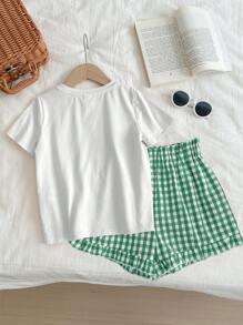 2 件年轻女孩可爱甜美格子樱桃和蝴蝶结图案短裤套装，夏季圆领 T 恤和短裤，女孩柔软 T 恤和运动短裤套装，夏季短裤两件套 - 彩色 - 查看 2