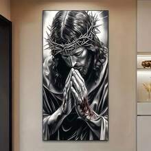 1 件信仰启发的 5D DIY 无框钻石画套装，圆形亚克力钻石，无框壁画，带有祈祷人物，非常适合家居装饰，包含配件，是送给初学者和成人的理想礼物，家居装饰艺术宗教壁画细节设计，基督教壁画 - 彩色 - 查看 2