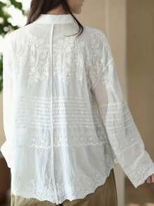 Women Floral Embroidery Dressy Shirt Bell Long Sleeve Loose Tunic Tops Vintage Lapel Button Down Jacquard Blouse - 白色 - 查看 3