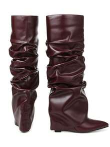 Punk Goth Women Motorcycle Boots Fold Over Pleated Chunky High Heel Mid Calf Cool Fashion Women Slouched Ruched  Shoes - Màu Đỏ Sâu - Xem 4
