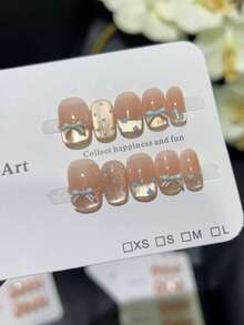 10 片法式粉色猫眼蓝色波尔卡圆点手工假指甲，手工指甲贴片，适合清新可爱的女孩约会，按压指甲，美甲用品，指甲 - 粉色 - 查看 20