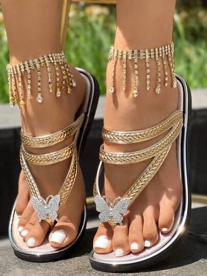 Women's Gold 3D Butterfly Crystal Decor Slip On Flip Flops, Lightweight Summer Beach Casual Sandals, Slip On Flat Indoor Slippers