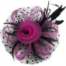 Derby Fascinators Women High Tea Party Hat Wedding Cocktail Flower Headware With Mesh And Feathers - Rose & Black - View 3