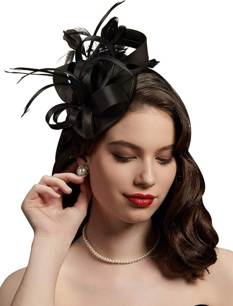 Derby Fascinators Women High Tea Party Hat Wedding Cocktail Flower Headware With Mesh And Feathers - Y-black - View 1