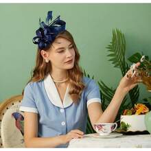 Derby Fascinators Women High Tea Party Hat Wedding Cocktail Flower Headware With Mesh And Feathers - Y-海軍 - 查看 3