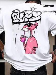 Ribbed Cotton Men's T Shirt, Pink Leopard Print, College Style Spring and Summer New Sports Men's Fashion, Fashion Soft Breathable Men's White Short Sleeve Top