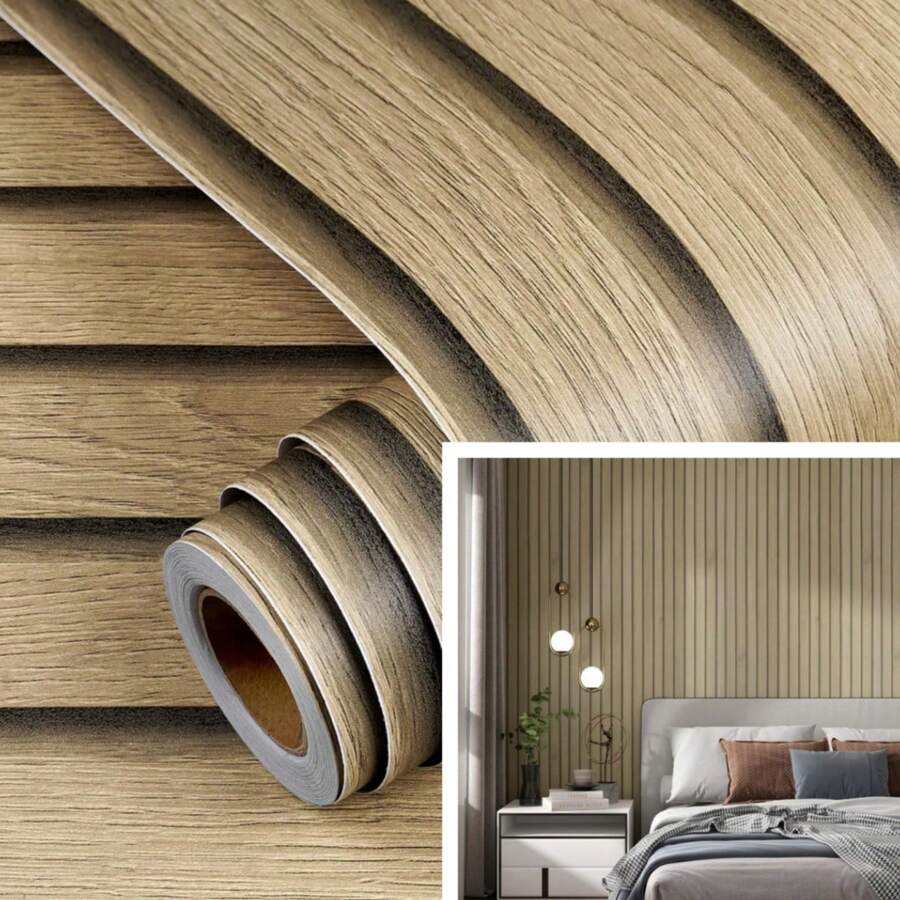 1 卷卡其色简约木纹纹理壁纸，剥离和粘贴乙烯基接触纸，自粘式可移除复古手工 DIY 家居装饰，适用于客厅卧室厨房橱柜宿舍办公室 17.7 英寸 X 393.7/196.8/118.1/39.3 英寸墙纸墙贴房间装饰墙面装饰客厅装饰