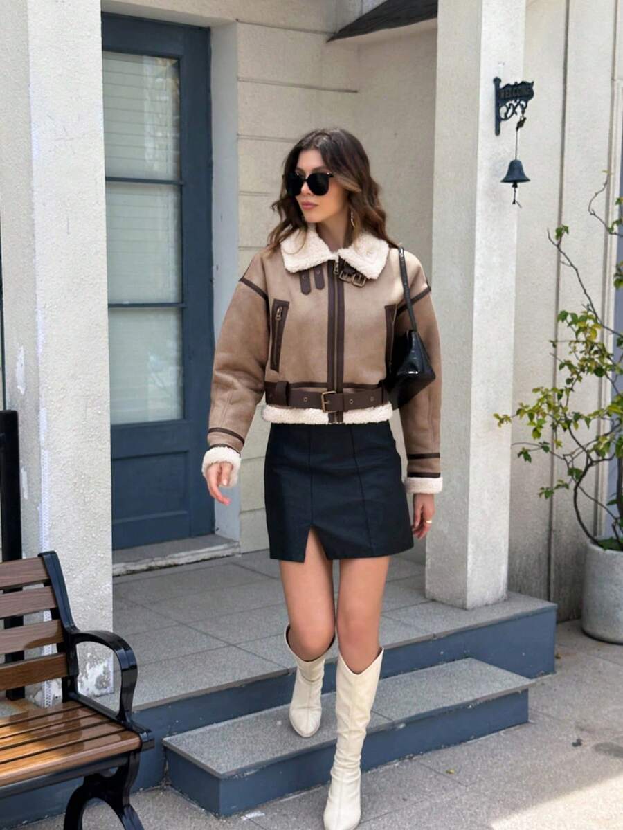 Áo khoác mô tô lót lông giả Seelio dành cho nữ mùa thu/đông mới, kiểu dáng ngắn - Màu Khaki - Xem 1