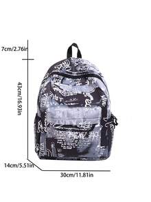 1件学生书包旅行包背包校园包，轻巧便携拉链开合，学院风大容量涂鸦图案设计，适合大学生、朋友、情侣、男女朋友、同学等，返校理想之选 - 黑色 - 查看 2