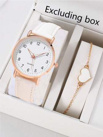 2 件套时尚简约数字小表盘皮革表带女士石英手表 + 手链 + 项链套装