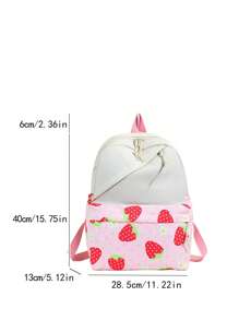 1 Pc New Style Girls' Strawberry Print Fabric Backpack With Adjustable Straps, Zipper Closure, Multifunctional Foldable Design, Perfect For Travel, School, Outdoor Activities, And Holiday Gifts