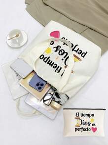 Geantă de umăr din pânză imprimată plus geantă mică albă, imprimată cu litere colorate, model soare, dragoste, geantă de mână portabilă casual, geantă de depozitare simplă pentru călătorie, geantă cosmetică de călătorie de mare capacitate, geantă de voiaj, cu un design nou și capacitate mare, ceea ce o face o alegere ideală pentru cumpărături, potrivită pentru nunți, zile de naștere, plaje și sărbători, înapoi la școală și cumpărături.