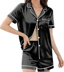 Silk Pajamas For Women Satin Womens Pajama Sets Short Sleeve Lounge Set 2-Piece Sleepwear Button-Down PJ Set Halloween Christmas New Year - 黑色 - 查看 1