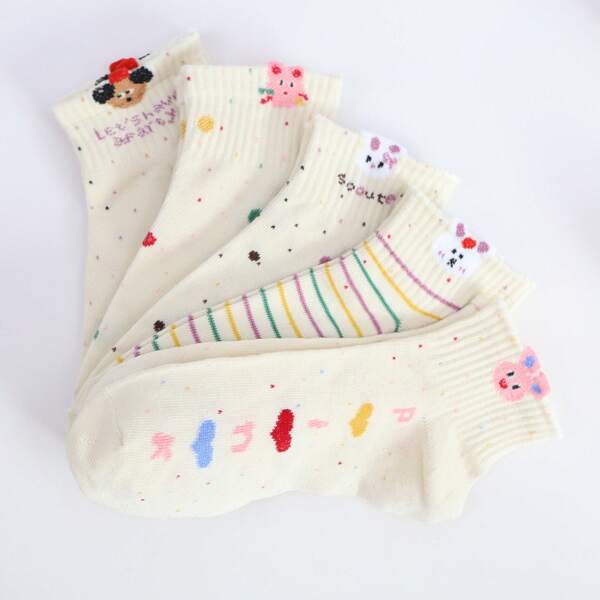 5 pares de meias femininas, meias fofas de desenho animado, coelhinho de desenho animado, cachorrinho, meias boca rasa estilo barco para primavera e outono, adequadas para uso diário