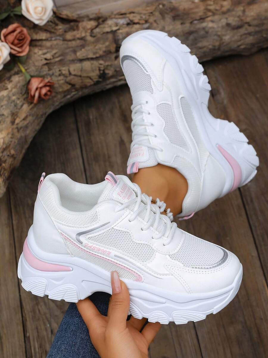 Women's Chunky Sneakers, 2025 New Arrivals, Autumn Thick-Soled Casual Lace-Up Shoes, Comfortable & Versatile - Pink - View 1