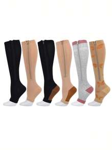 Open Toe Compression Socks, Zipper Conpression Socks Men Women Support Knee Zipper Female Open Toe Thin Anti High Socks Leg Socks,Hot Knit Fabric, For All Seasons, Hand Wash, Solid Color, Zipper Closure, For Running And Sports