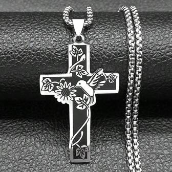 1 pieza Collar con colgante en forma de flor y cruz de acero inoxidable mate negro, joyería unisex de acero de titanio