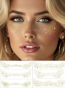 6 Sheets Glitter Freckles Face Tattoo With Lip Mark Star Triangle Sparkle Freckles Tattoos Waterproof Gold Temporary Tattoos Stickers For Summer Travel Prom Makeup Party Musical Festival Accessories
