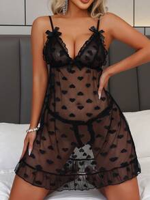 2 pièces Ensemble de lingerie sexy à dos nu en dentelle, style classique européen et américain. Ensemble de pyjamas transparent en forme de cœur en maille pour femmes.