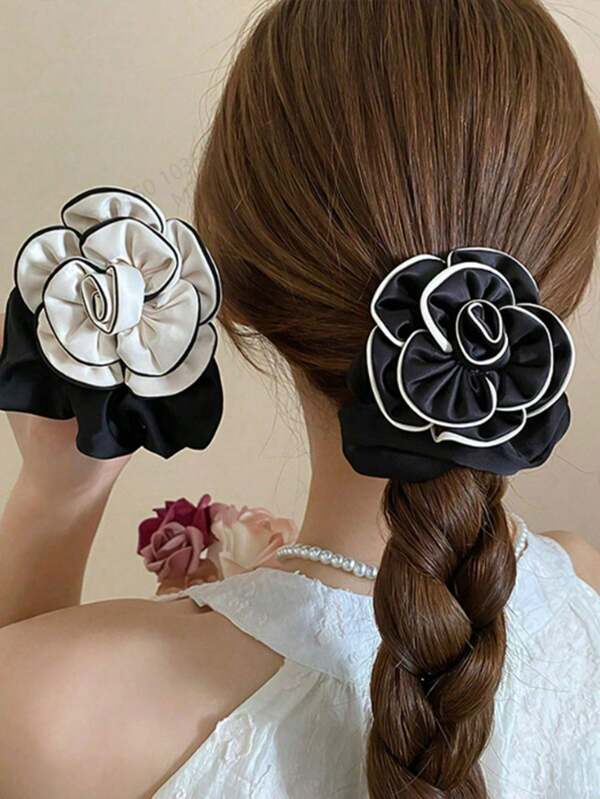 1pc Princess Style 3D Flower Large Hair Scrunchie, Sweet Satin Hair Band For Women