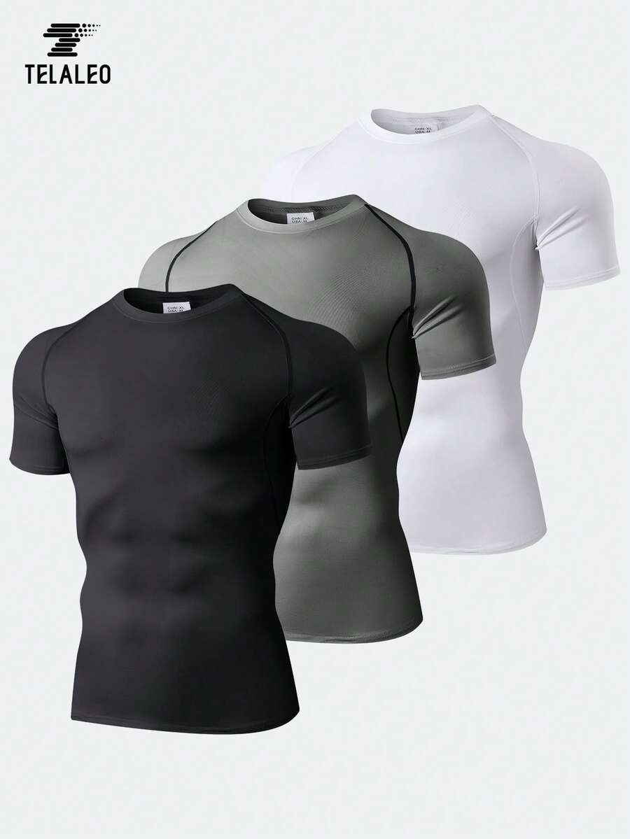 3pcs Boyfriend Style Men's Compression Active Mid Stretch Breathable Moisture Wicking Workout T-Shirt For Outdoor Sports - 彩色 - 查看 1