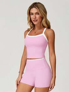 MASKERT 两件套女士运动套装，健身服，瑜伽套装，跑步训练背心套装，高弹力健身服，休闲透气柔软粉色夏季 - 粉色 - 查看 3