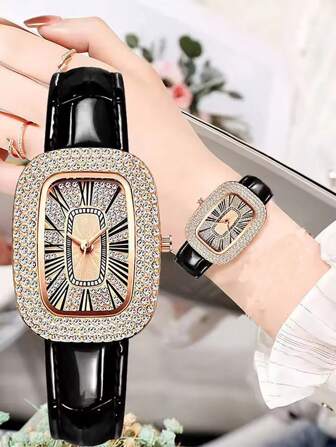 1 Pc Ladies' Casual Minimalist Starry Sky Watch With Oval Quartz Movement, Fully Diamond-Encrusted, English Pigeon Egg Strap, Small Green Watch