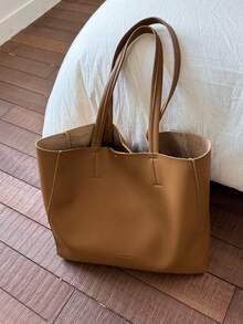 简约大容量黑色托特包，女士休闲百搭上班通勤单肩手提包，2025新款时尚斜挎包 - 棕色 - 查看 7