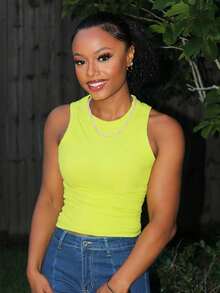 Steph T 1件夏季休闲纯色修身背心 - 青檸色 - 查看 3