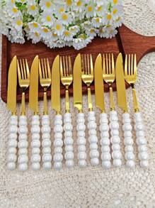 Juego de 3/4/9/12 piezas de cubiertos con forma de perla dorada de acero inoxidable con mango de cerámica - Cuchillos, cucharillas de postre, tenedores y cucharas - Herramientas y accesorios de cocina elegantes perfectos para comidas familiares diarias, fiestas de cumpleaños y reuniones festivas