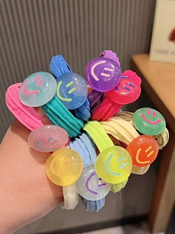 6pcs, Sweet Cool Dopamine Acetate Cheerful Face Fabric Hair Ties - Candy-Colored Jelly Acrylic Ponytail Holders With Joyful Face Charms, Non-Damaging High Elasticity Hair Accessories For Teens & Adults (14+)