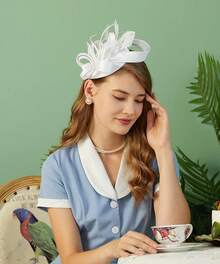 Derby Fascinators Women High Tea Party Hat Wedding Cocktail Flower Headware With Mesh And Feathers - Y-白色 - 查看 3