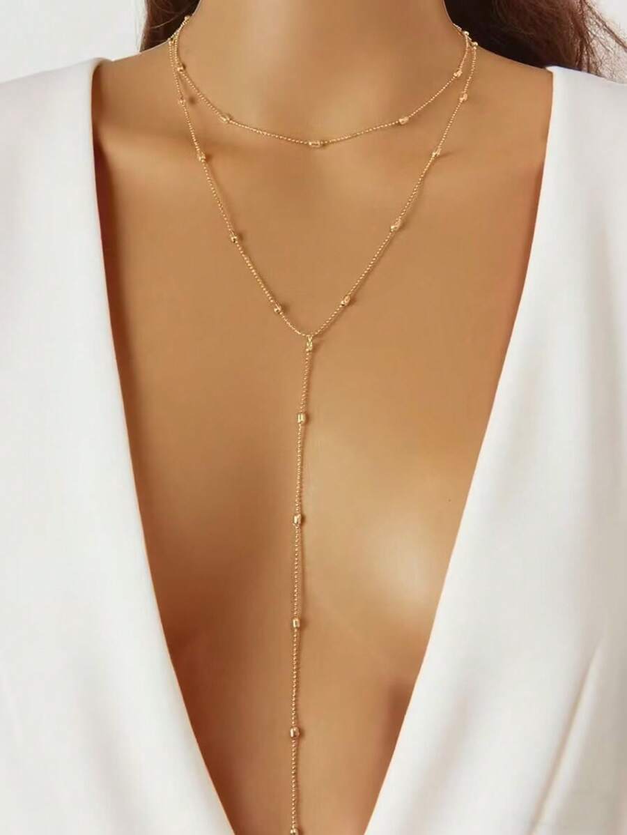 1pc Sexy Long Gold Beaded Double Chain Necklace