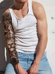 1 Sheets Extra Large Full Arm Size Body Art Temporary Tattoo Stickers For Men And Women, Realistic Animal Style Lion Crown Flowers Pattern, Waterproof Fake Sleeves Tattoos, Lasts 2-5 Days, Covering Scars, Can Be Used On Arms Wrist Shoulders Legs Waist Neck Hand Chest Thighs Finger, Best Friend Couple Party Tattoo