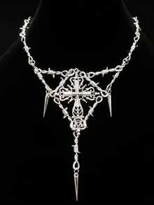 1pc Punk Rock Multilayer Metal Chain Necklace With Thorny Cross Pendant, Suitable For Festivals, Parties, Special Occasions, Halloween, Women Accessories, Gifts, All Seasons
