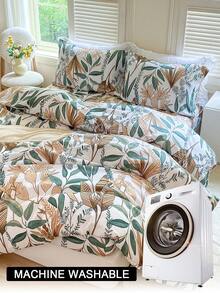 Conjunto de capa de edredom com estampa de folhas florais 3 peças (1 capa de edredom e 2 fronhas), macio e suave para a pele, conjunto de lençóis para casa para todas as estações - Multicolorido - Ver 10