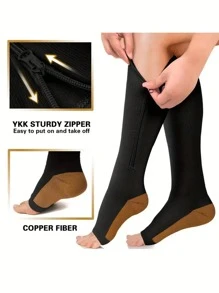 Open Toe Compression Socks, Zipper Conpression Socks Men Women Support Knee Zipper Female Open Toe Thin Anti High Socks Leg Socks,Hot Knit Fabric, For All Seasons, Hand Wash, Solid Color, Zipper Closure, For Running And Sports
