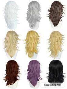 18英寸耐热直发合成动漫角色扮演假发，适合派对，中长蓬松层次直发带刘海，男女通用自然时尚假发，无需胶水，佩戴舒适，耐热，全机器制造，经典时尚假发，高密度柔软发丝。 - 彩色 - 查看 2