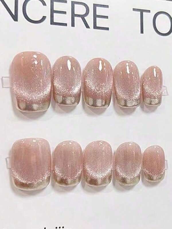 10pcs Nails, Shiny Nude Ballet Short Press-On Nails - Removable French False Nails Set With Silver Magic Mirror Powder And Gold Frame,Cute Press On,Nails