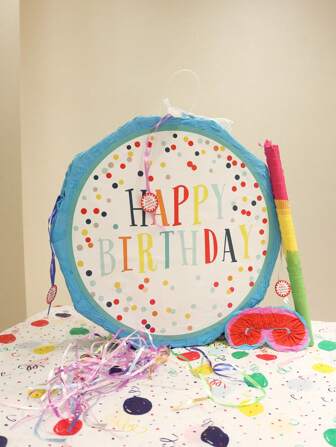 1 pieza/1 set Piñata redonda de papel para cumpleaños, Piñata de cumpleaños feliz colorida colgante con palo, venda para los ojos y confeti, adecuada para decoración y juegos de fiesta de cumpleaños