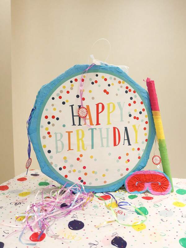 1 pieza/1 set Piñata redonda de papel para cumpleaños, Piñata de cumpleaños feliz colorida colgante con palo, venda para los ojos y confeti, adecuada para decoración y juegos de fiesta de cumpleaños