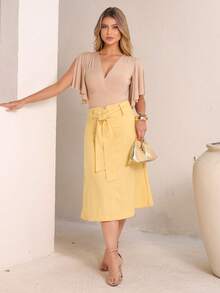 Linen Midi Skirt With Large Pockets And Modern Design - Màu vàng - Xem 3