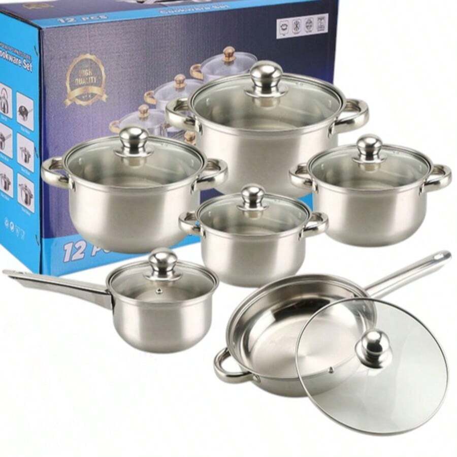 Juego de ollas de acero inoxidable set de ollas cocina acero inoxidable varias piezas resistentes tapas cristal/metal aptas estufa horno fácil limpiar diseño moderno duradero - Plateado - Ver 1