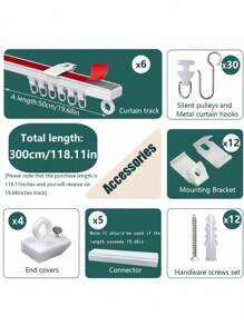 A Set Hidden Nano Silent Sliding Ceiling & Wall  Curtain Rail Set, Self- Adhesive And Nail Mouted Brackets 2 In 1 Double Fixed Curtain Track With Roller Hooks For Windows, Bedrooms, Showers, Closets And RVs - Easy To Install Curtain Rail