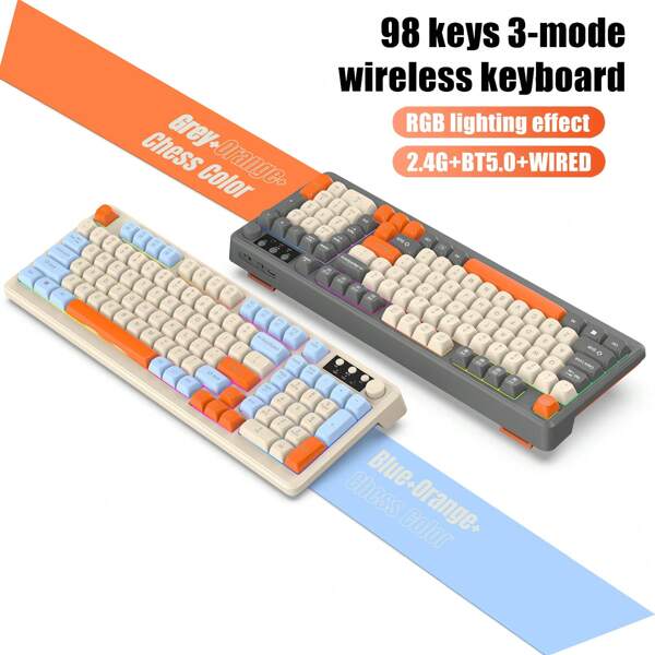 Teclado de juego de un solo pieza con cable de alta gama con 3 modos (con cable 2.4G, inalámbrico Bluetooth 5.0 y membrana silenciosa) con iluminación RGB, adecuado para experiencia de juego tipo mecánica, para portátiles y ordenadores de sobremesa.