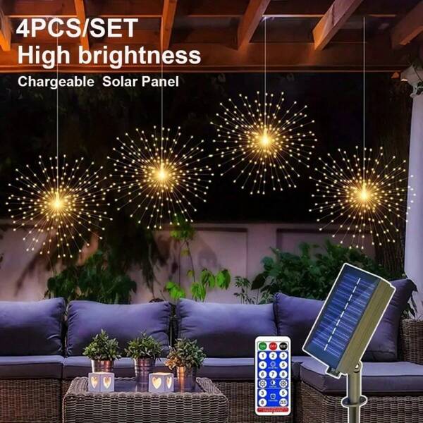 Juego de 4 piezas de luces solares recargables LED de 360 de fuegos artificiales con forma de árbol, con control remoto, adecuado para decoración de bodas, patios, jardines y campamentos